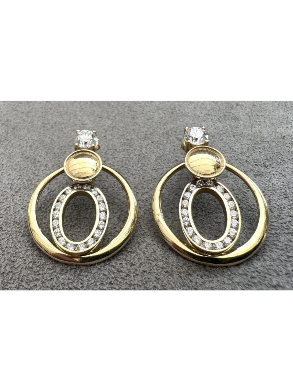 Vintage 14K GOLD + CZ Double HOOP EARRINGS Articulated Slider 1" Sparkly